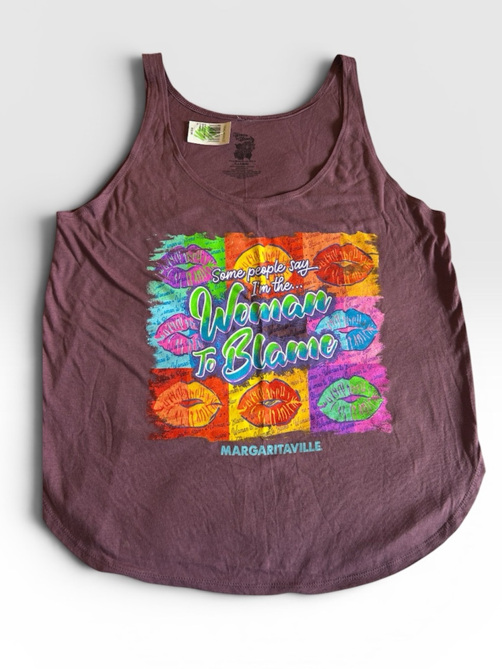 💋🌴🦜NWT Margaritaville Dark Plum "Woman to Blame" Graphic Tank Top XL 🦜🌴💋